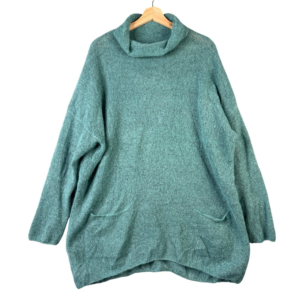 Sarah Pacini Italy Mohair Merino Wool Oversized Cowl Neck Sweater Teal One Size